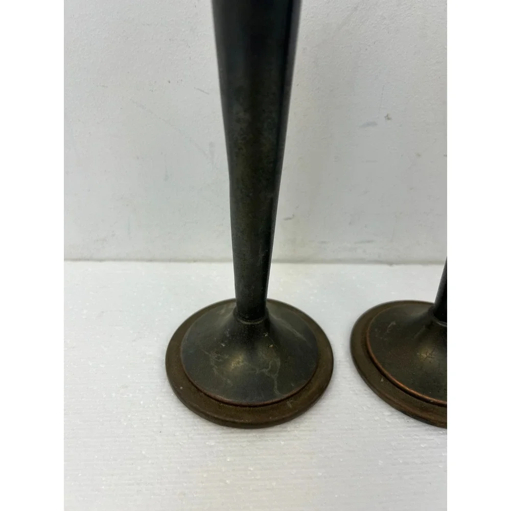 Vintage Arts & Crafts Metal Candlestick Holders Pair Tapered 9